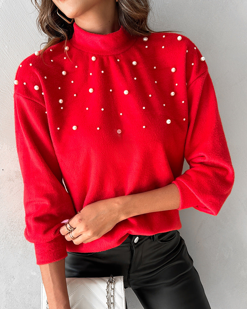 Maglia a collo alto con perline per donna, stile europeo e americano, a maniche lunghe, marchio Valstrend shop.