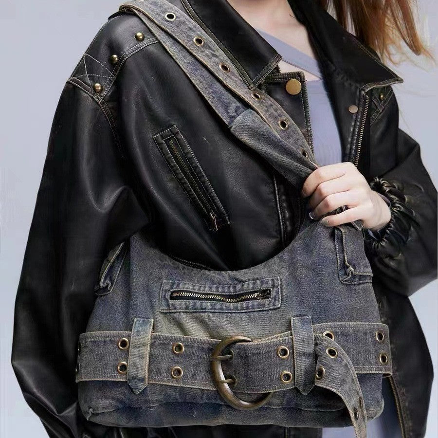 Borsa a tracolla in denim lavato da donna Valstrend, grande capacità, stile retrò con manici e scomparti spaziosi.