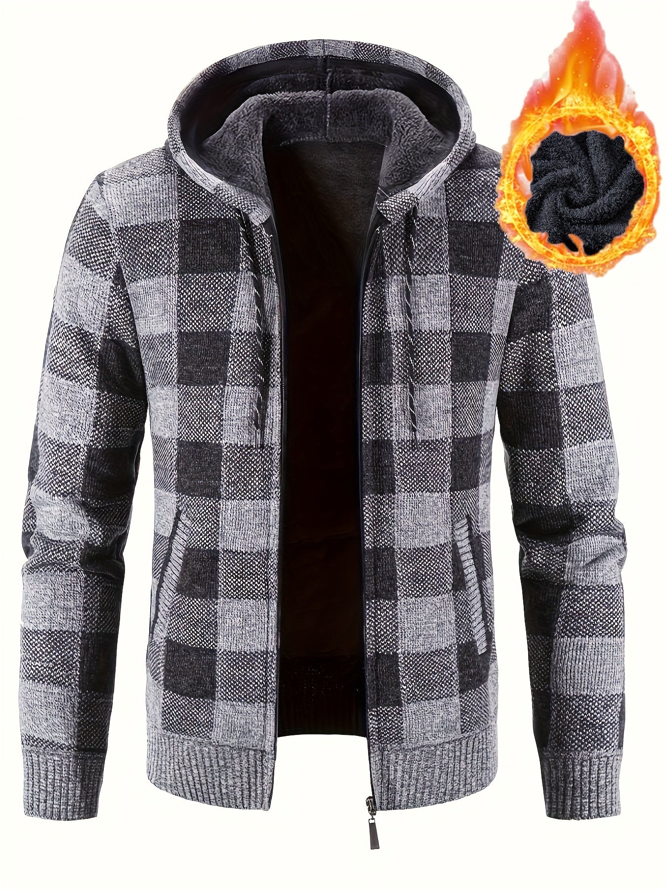 Cardigan con cappuccio a quadri morbidi, caldo e casual da uomo Valstrend, con zip, ideale per autunno e inverno.