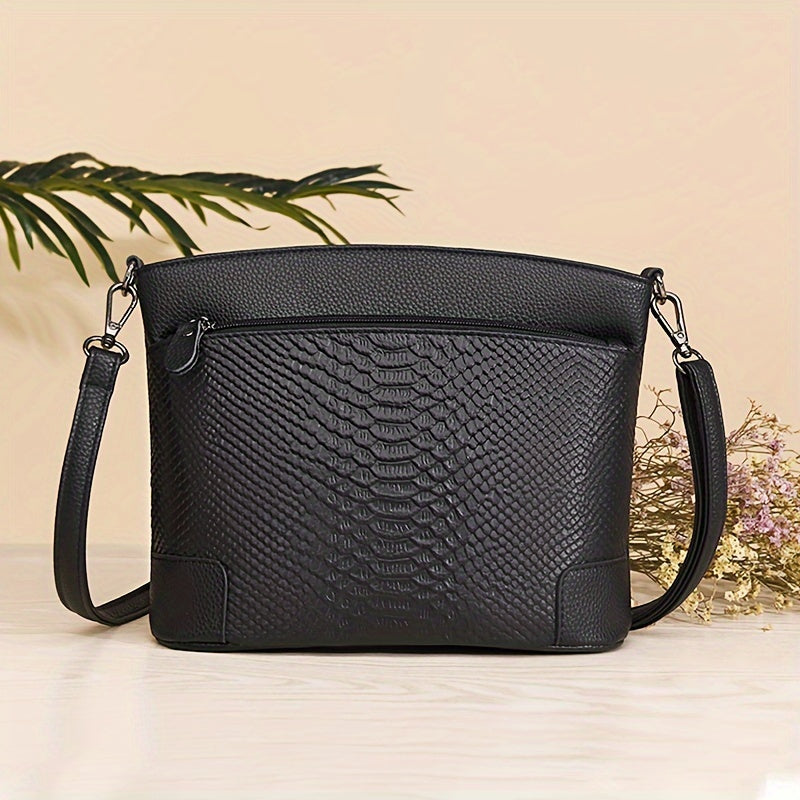 Borsa a tracolla in vera pelle con motivo coccodrillo, chiusura con zip, tracolla rimovibile e interno in poliestere, capiente.