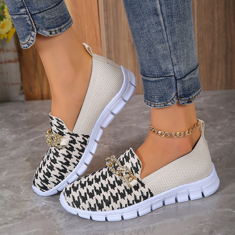 Scarpe casual Valstrend con stampa pied-de-poule, rete traspirante, flat da passeggio estivo per donna, loafers comodi e leggeri.