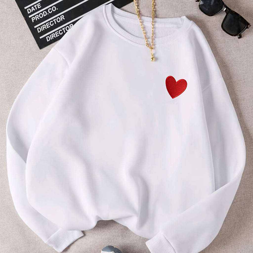 Women's Fashion Sweatshirt with Heart Embroidery, Casual Round Neck, Polyester Knit, All-Season, Fashionable Pullover Hoodie