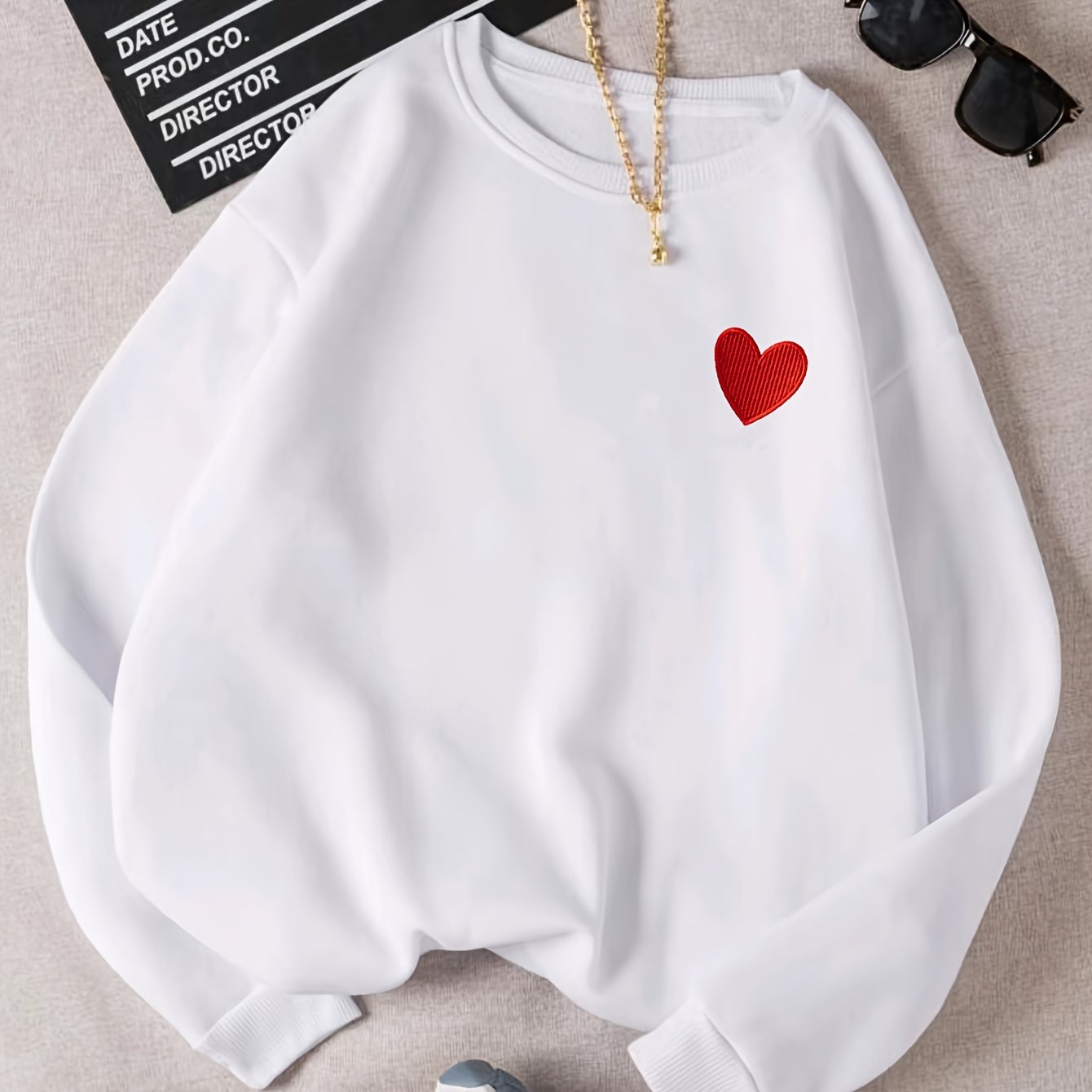 Women's Fashion Sweatshirt with Heart Embroidery, Casual Round Neck, Polyester Knit, All-Season, Fashionable Pullover Hoodie