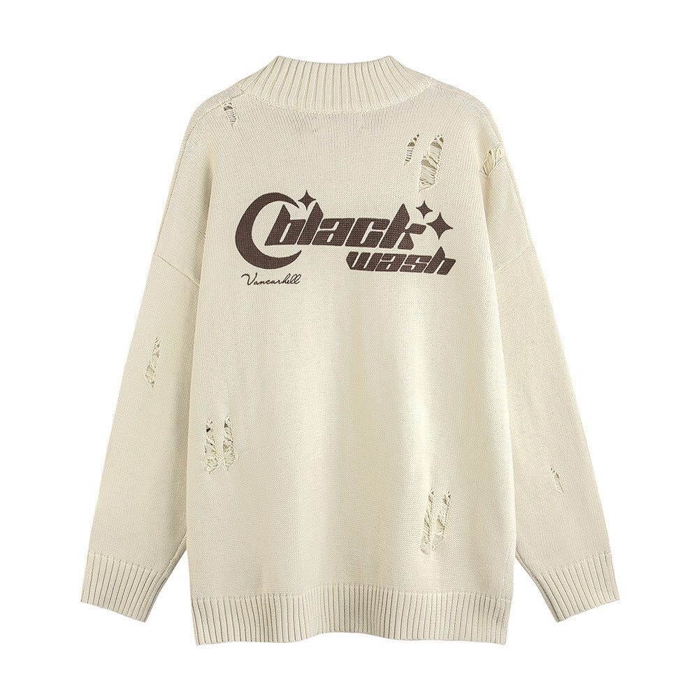 Maglione coat da strada americano Valstrend con stampa lettera, stile urbano, morbido e caldo, vista frontale con dettagli di stampa.