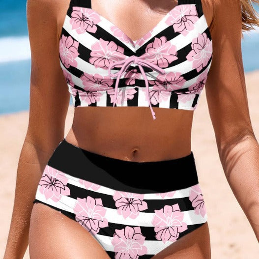 Costume da bagno donna Valstrend slim con stampa, copertura addominale, frange divise, bikini aderente e alla moda.