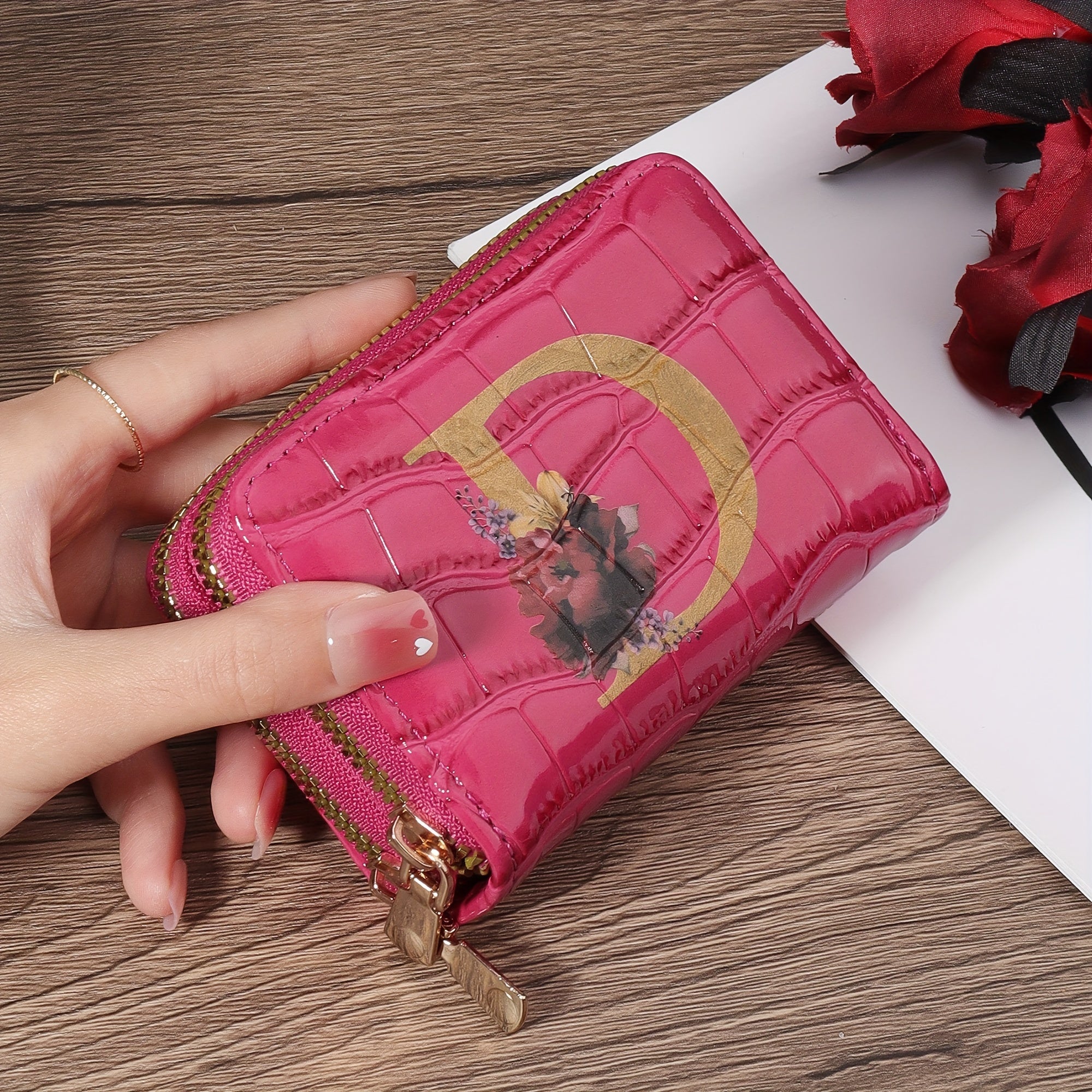 Portafoglio porta carte di credito Valstrend con motivo floreale, compatto, con zip, per donne e uomini, design a fisarmonica.
