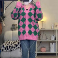 Idle Style Retro Hit Color Diamond Lattice Knitted Cardigan Coat For Women