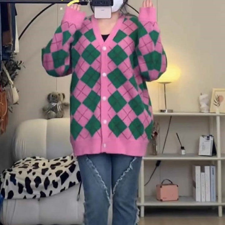 Idle Style Retro Hit Color Diamond Lattice Knitted Cardigan Coat For Women