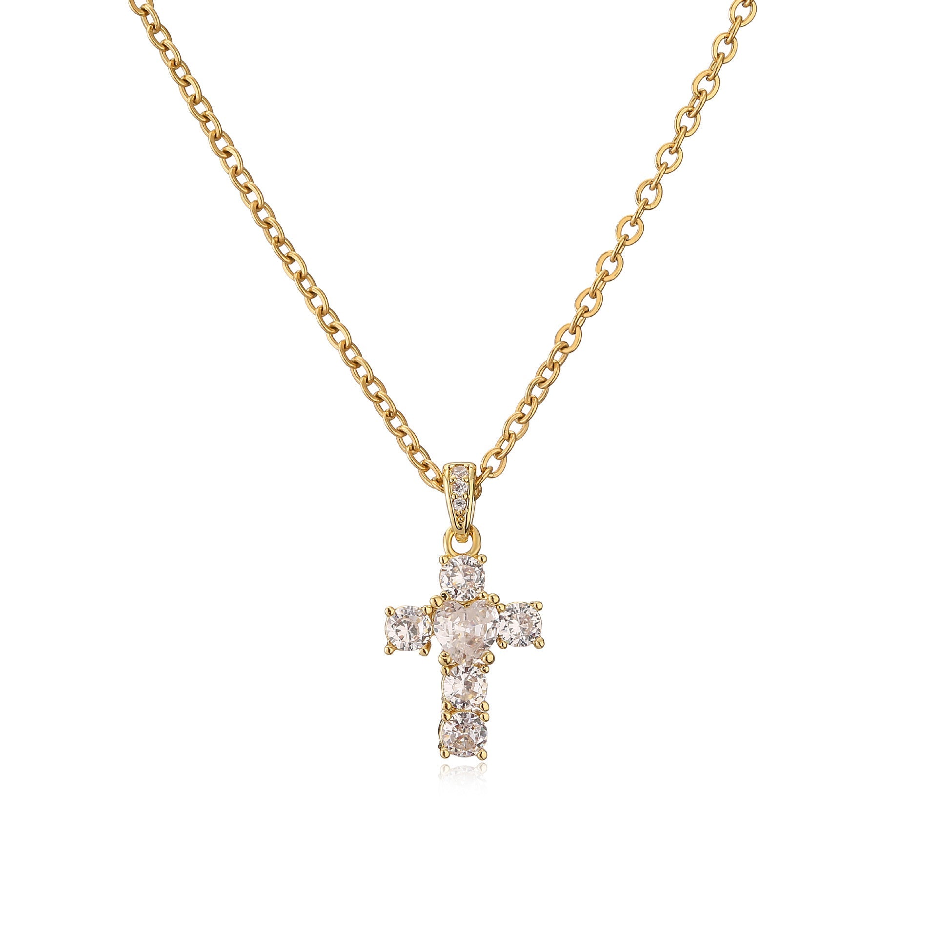 Collana a catena per clavicle femminile in rame con cuore incastonato e croce con zirconi, stile elegante e raffinato.