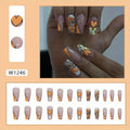 24pcs Glossy Medium Ballerina Fake Nails, Sweet Cool Orange Press On Nails With Bear Heart Design, Shiny Sequin False Nails For Women Girls