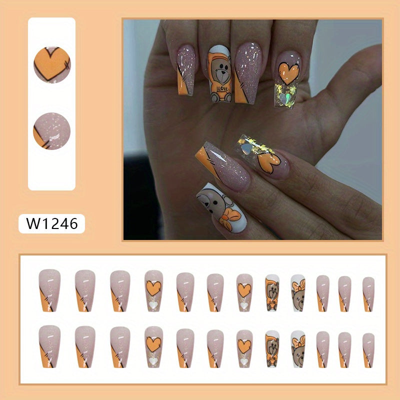 24pcs Glossy Medium Ballerina Fake Nails, Sweet Cool Orange Press On Nails With Bear Heart Design, Shiny Sequin False Nails For Women Girls