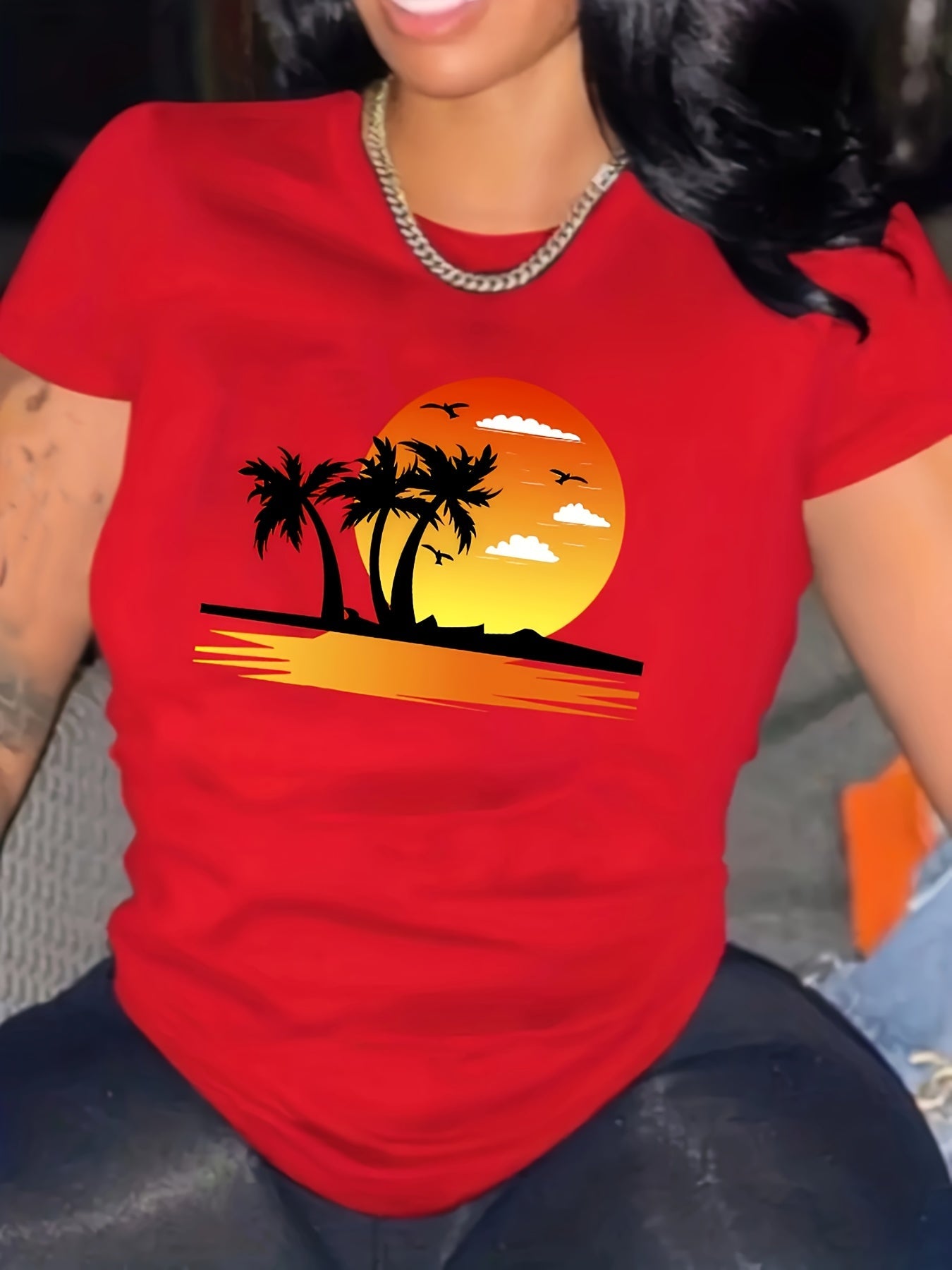 T-shirt donna Valstrend con stampa di tramonto sulla spiaggia, manica corta e collo rotondo, casual per primavera ed estate.