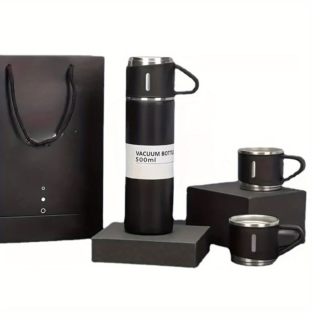 Set di borracce termiche in acciaio inox Valstrend con 3 tazze ermetiche, ideale per bevande calde e fredde in viaggio.