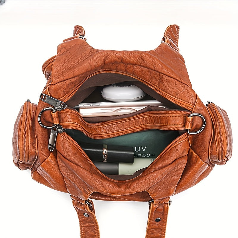 Borsa tote in stile vintage Valstrend con tracolla regolabile, fodera in poliestere e chiusura con zip, vista frontale.