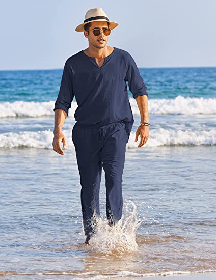 Completo casual da uomo Valstrend in cotone e lino con tasche, elastico e colore solido, ideale per look informali.