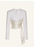 Top con spalline imbottite, maniche lunghe e gonna a spacco con motivo floreale tridimensionale, marchio Valstrend.