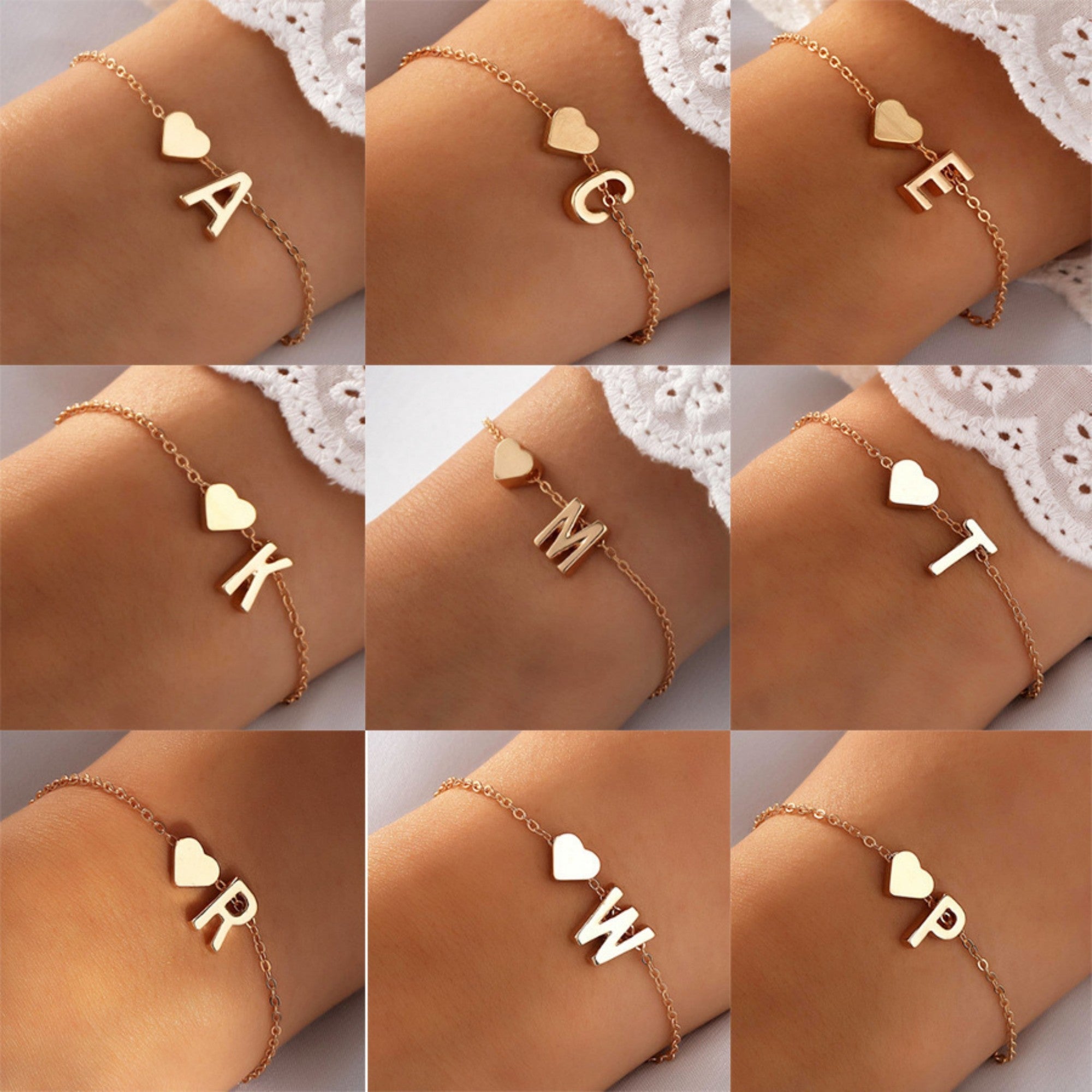 Bracciale e collana minimalista con pendente a forma di cuore e lettera, in stile semplice e elegante, brand Valstrend.