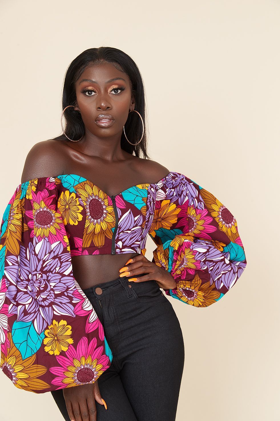 Top donna in stile africano Valstrend, tubino lungo maniche lunghe, stampa digitale sexy e scollatura a off-shoulder