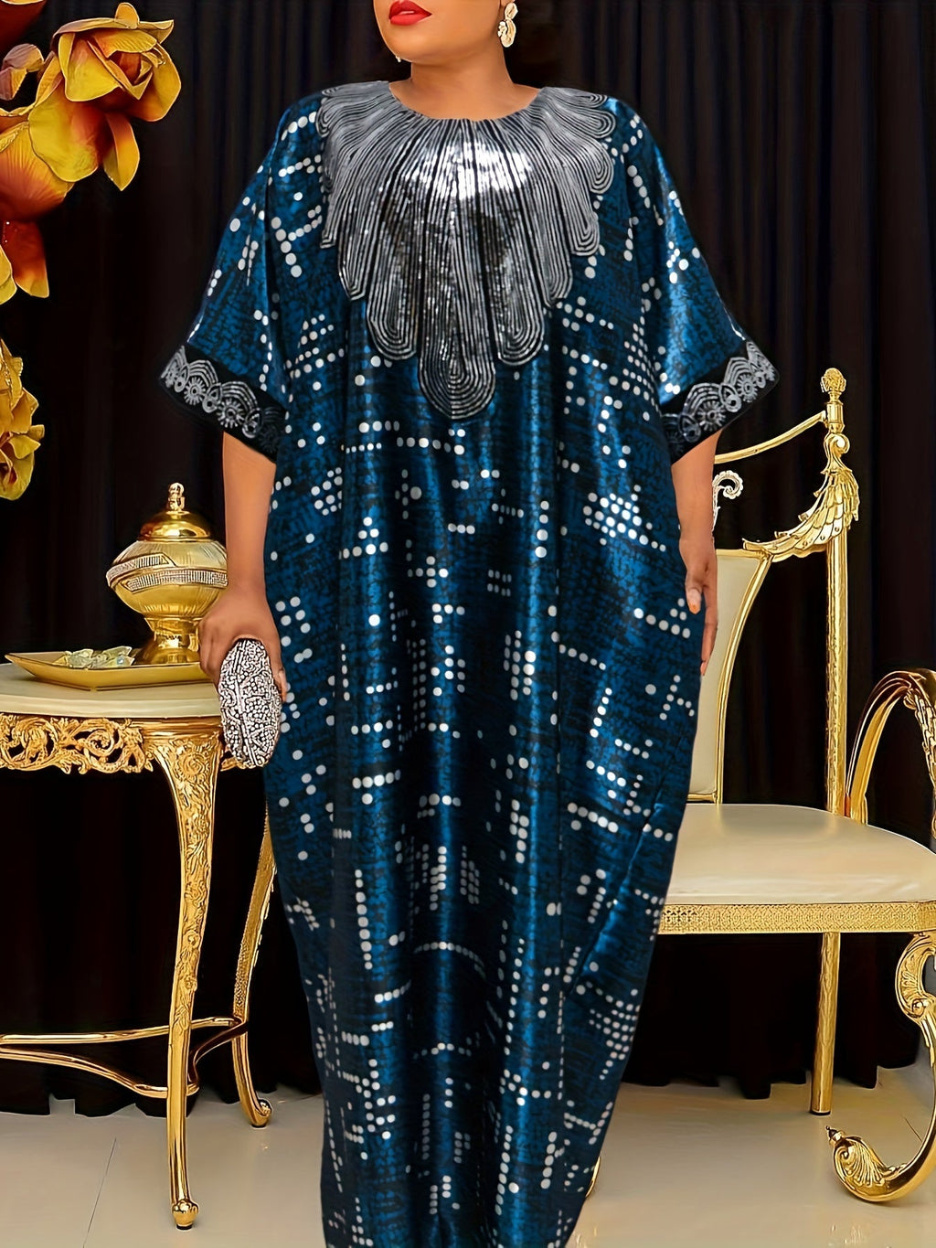 Abito kaftano con stampa allover, maniche a pipistrello, scollo rotondo vintage, vestito maxi casual da donna Valstrend.