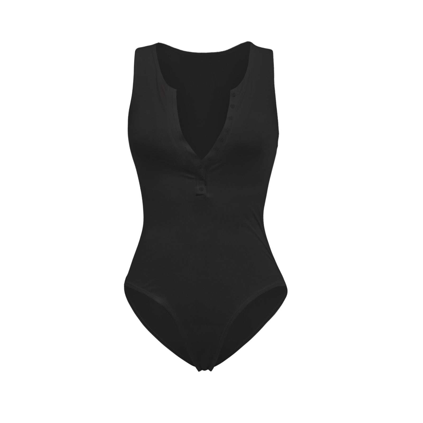 Combinazione jumpsuit donna Valstrend shop con scollo basso, bottoni e taglio aderente, in tessuto nero elegante.