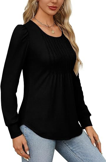 T-shirt donna Valstrend con maniche a sbuffo, vita plissettata e collo rotondo, maniche lunghe e stile casual elegante