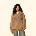 Women's Retro Printed Drawstring Brushed Hoody Loose Zipper Cardigan Outerwear