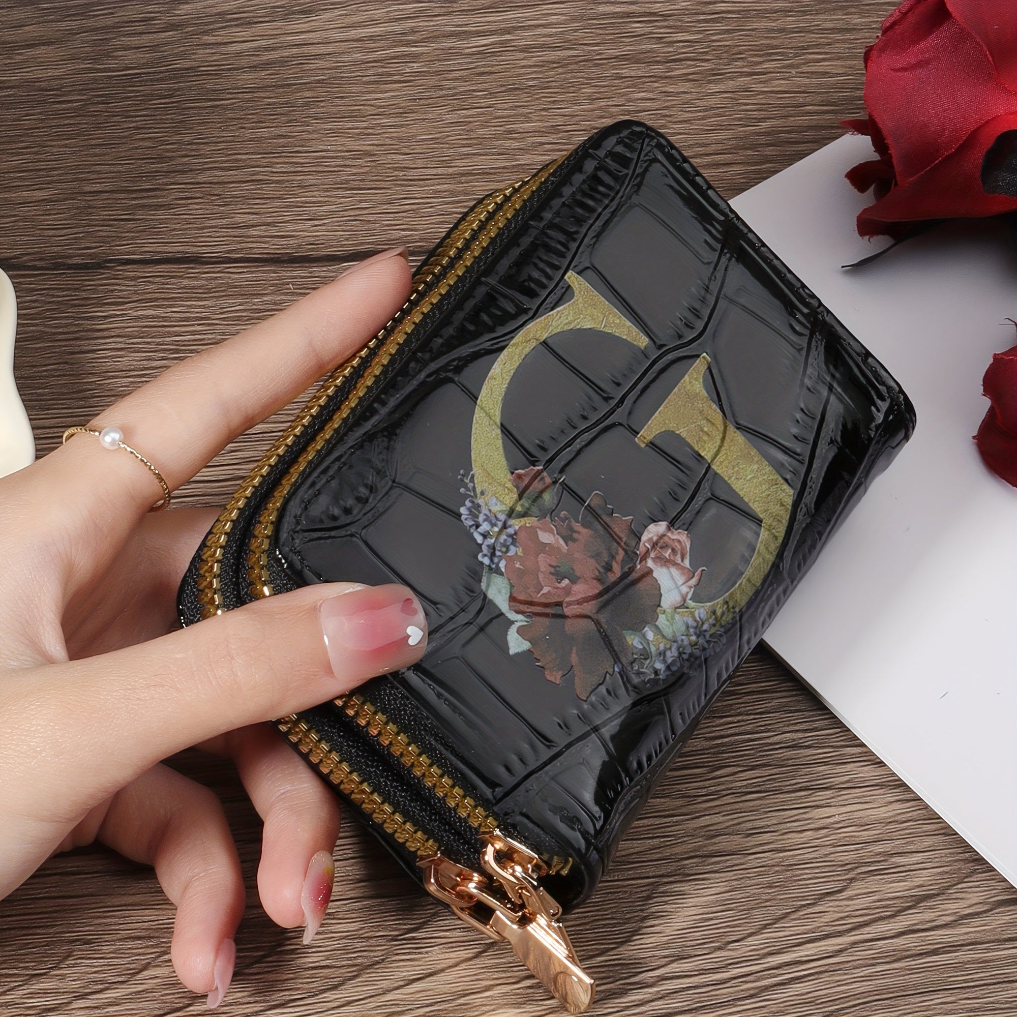 Portafoglio portacarta di credito Valstrend con motivo floreale, piccolo, con cerniera e design a fisarmonica per donne e uomini.