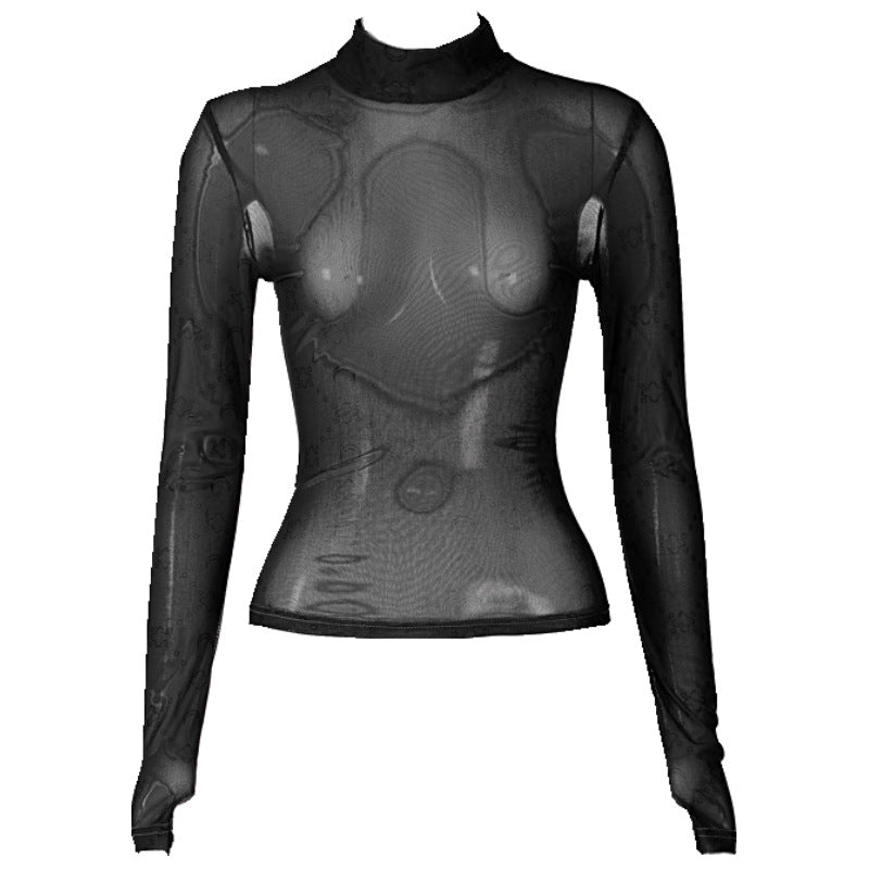 Maglietta da donna Valstrend con collo alto trasparente in mesh sottile a maniche lunghe.