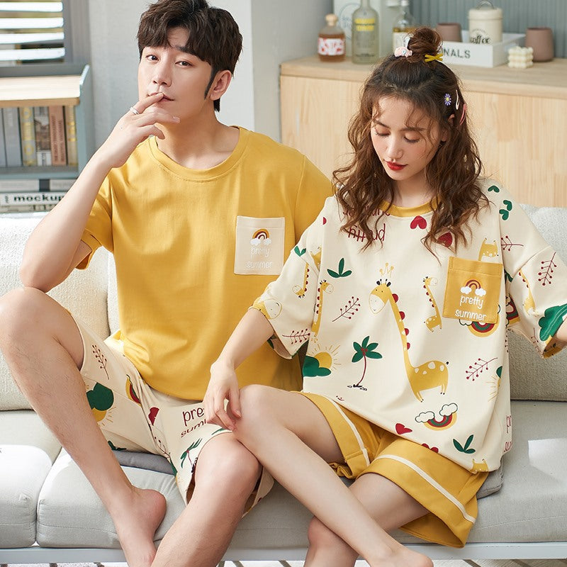 Spring And Summer Thin Short Sleeve Cotton Man Ladies' Homewear Cartoon Couple Pajamas