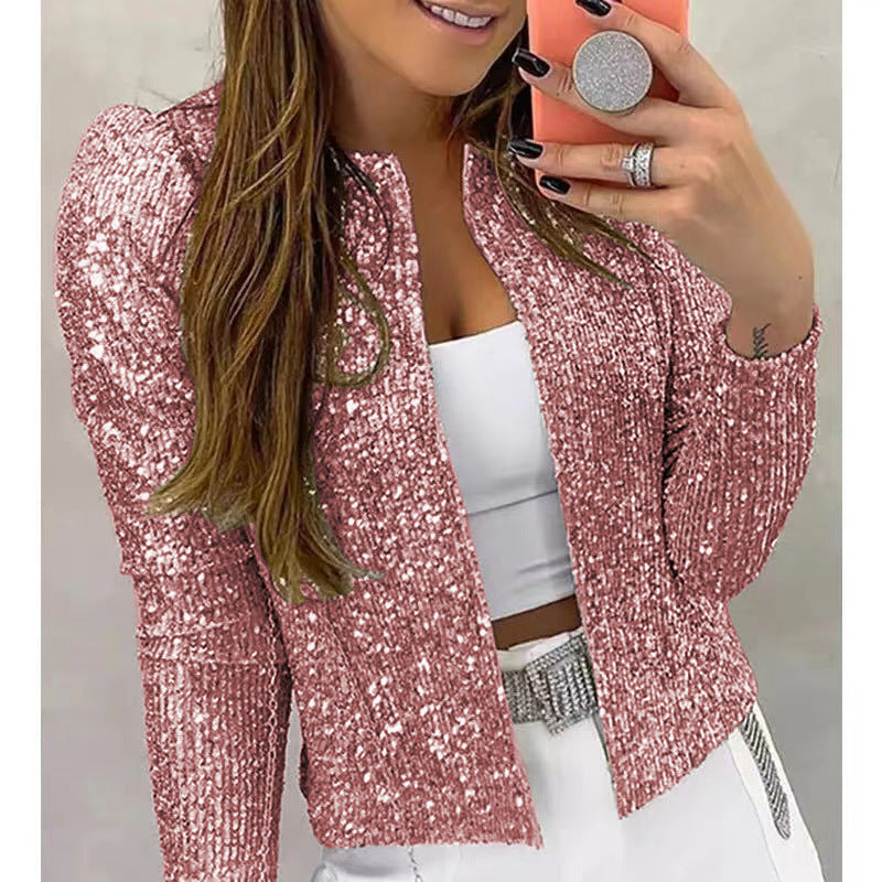 Giacca corta casual donna Valstrend in fantasia colorblock con paillettes brillanti e dettaglio elegante.