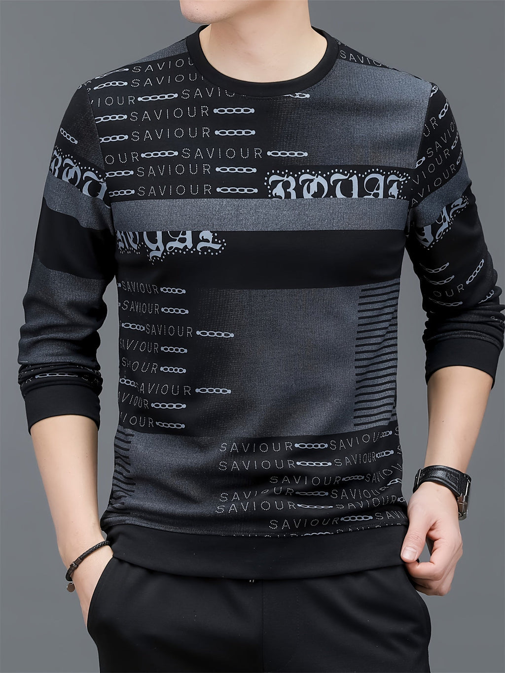 Maglietta uomo a maniche lunghe con collo rotondo, stampa letteraria, tessuto elasticizzato, stile pullover, collezione primavera/autunno