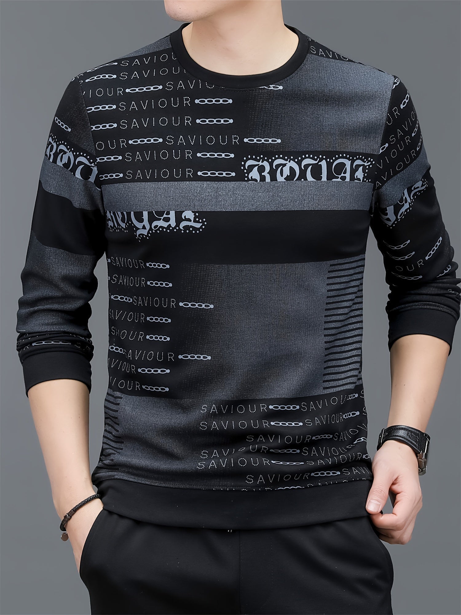 Maglietta uomo a maniche lunghe con collo rotondo, stampa letteraria, tessuto elasticizzato, stile pullover, collezione primavera/autunno