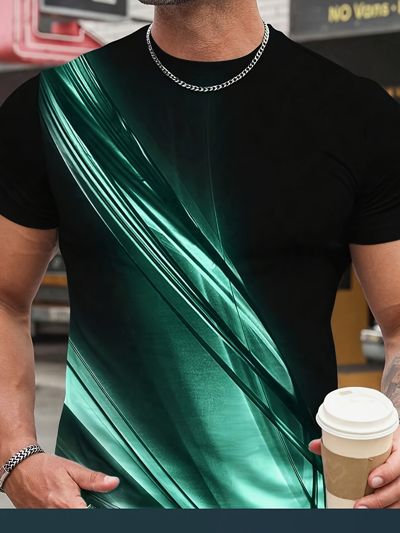 T-shirt da uomo Valstrend con stampa 3D a blocchi di colori, tessuto poliestere elasticizzato e confortevole, ideale per l'estate all'aperto.