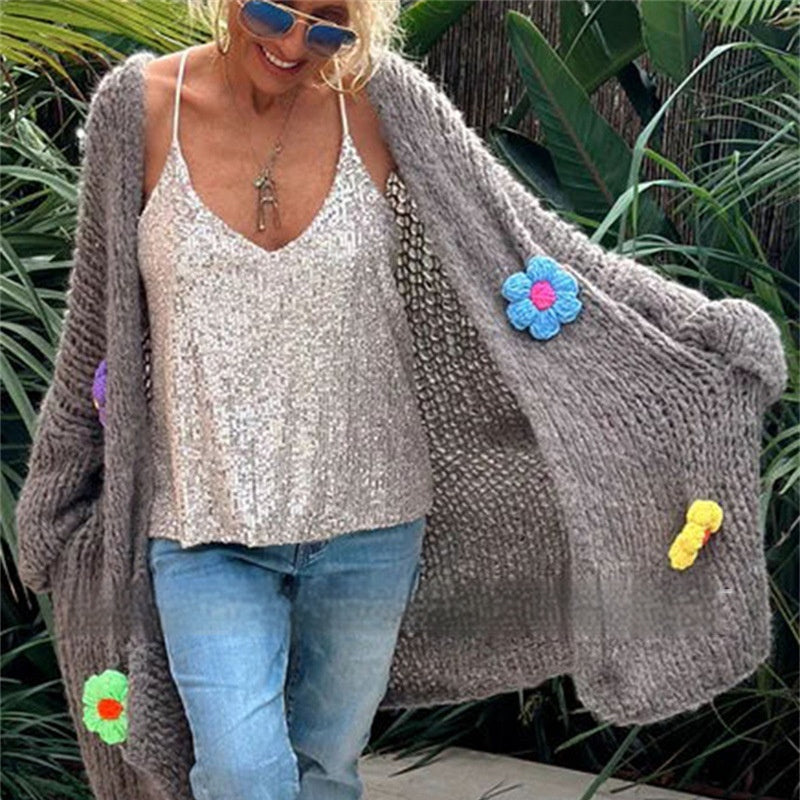 Cardigan lungo in cotone con fiori all'uncinetto, stile casual e loose per donna, marca Valstrend, abbigliamento Autunno/Inverno