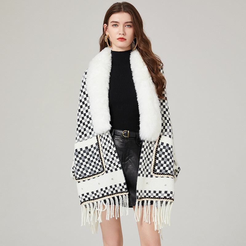 Maglione donna Valstrend con collo in pelliccia impermeabile in velluto di visone, classico modello a scacchi, caldo e elegante.