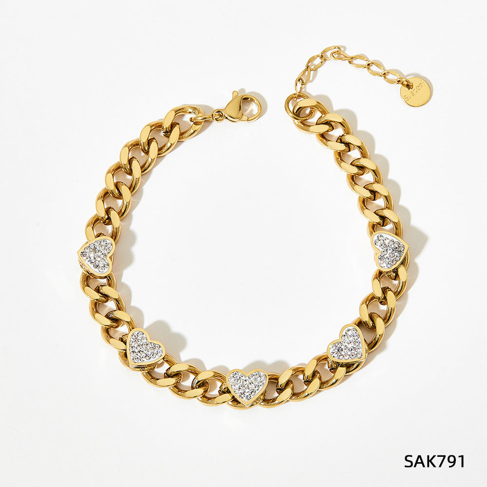 Bracciale in acciaio inox a forma di cuore con zirconia, stile retro francese, marca Valstrend Shop, dettagli elegante e raffinato