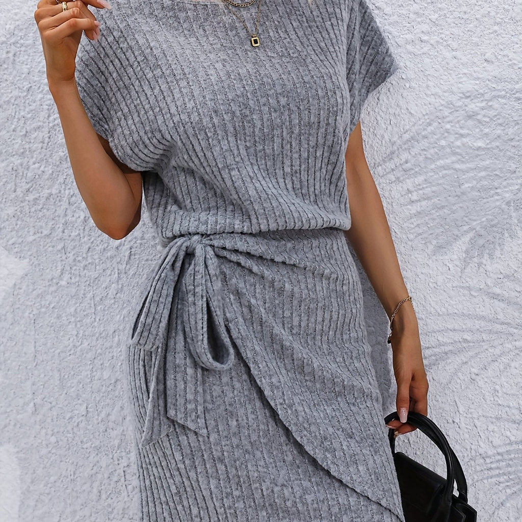 Solid Rib-knit Knot Batwing Sleeve Dress, Casual Short Sleeve Crew Neck Dress, Women's Clothing