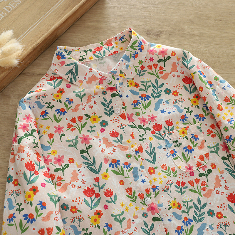 Autumn New Women's Clothing Printed Loose Lapel Long Sleeves Shirt