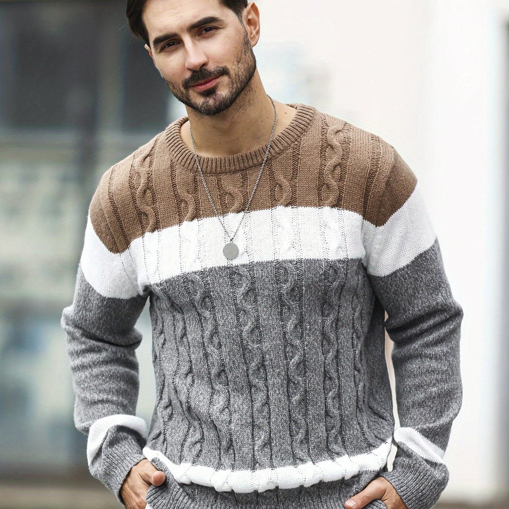 Maglione uomo Valstrend a blocchi di colore, tessuto testurizzato, stile casual e elegante, ideale per autunno e inverno.