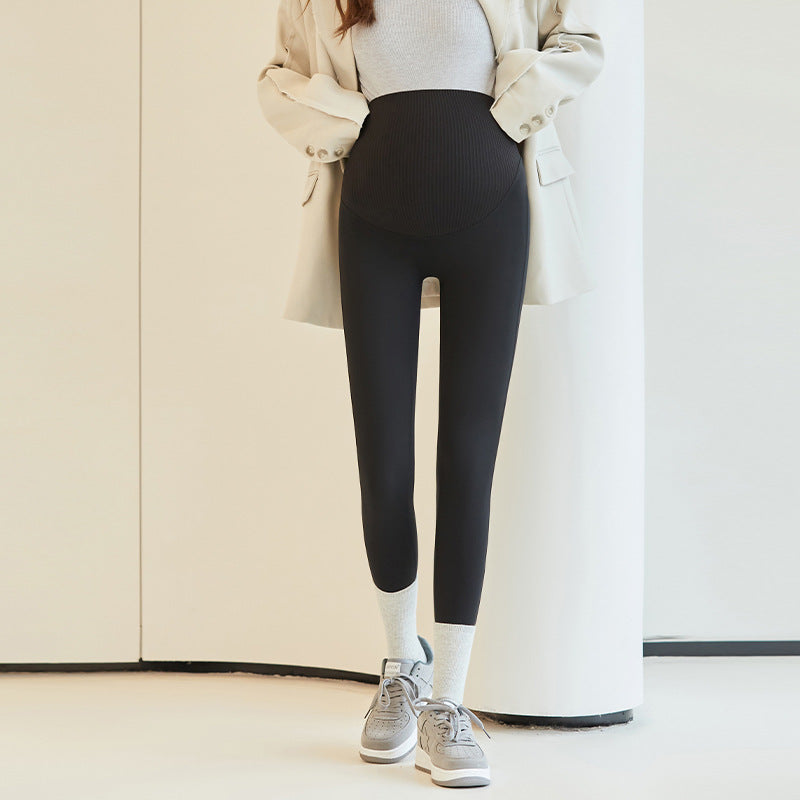 Pantaloni maternità a vita alta in pile con supporto addominale, stile casual, caldo per autunno e inverno, marchio Valstrend.