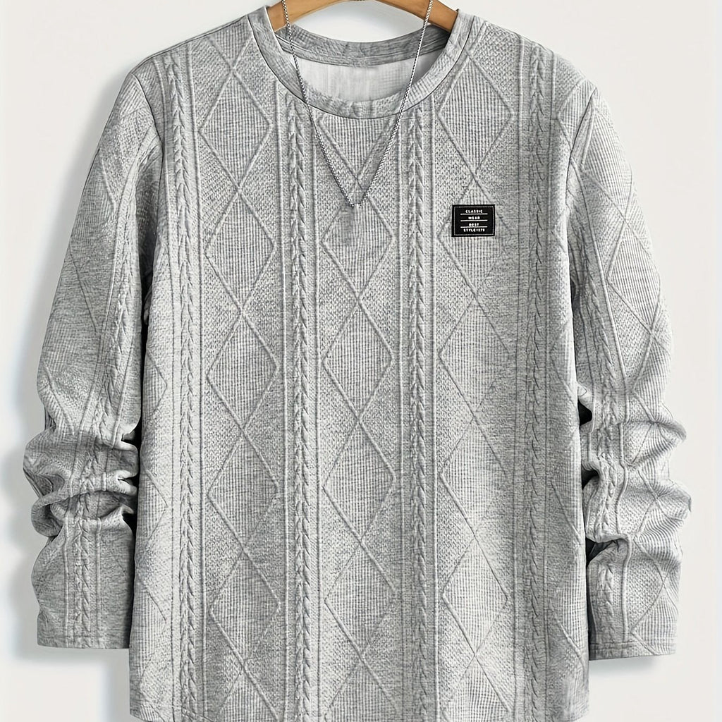 Men's Casual Crew Neck Long Sleeve Sweatshirt with Geometric Pattern - 100% Polyester Knit Fabric with Slight Stretch - Regular Fit Fashion Pullover