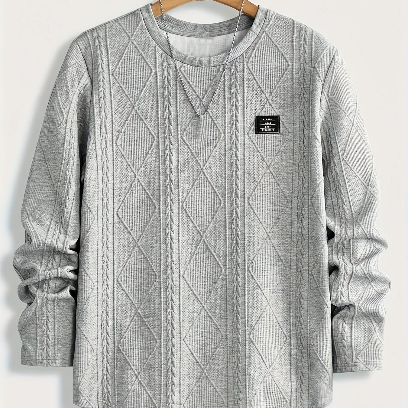 Men's Casual Crew Neck Long Sleeve Sweatshirt with Geometric Pattern - 100% Polyester Knit Fabric with Slight Stretch - Regular Fit Fashion Pullover