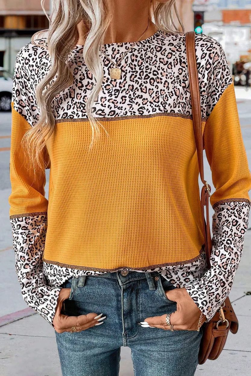 European And American Pullover Round Neck Leopard Splicing Waffle Sweater