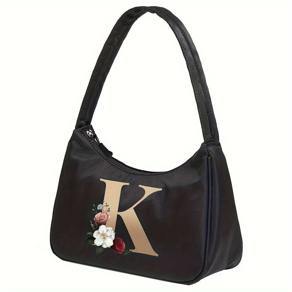 Floral Letter Print Shoulder Bag, Fashion Nylon Underarm Bag, Women's Zipper Handbag & Purse
