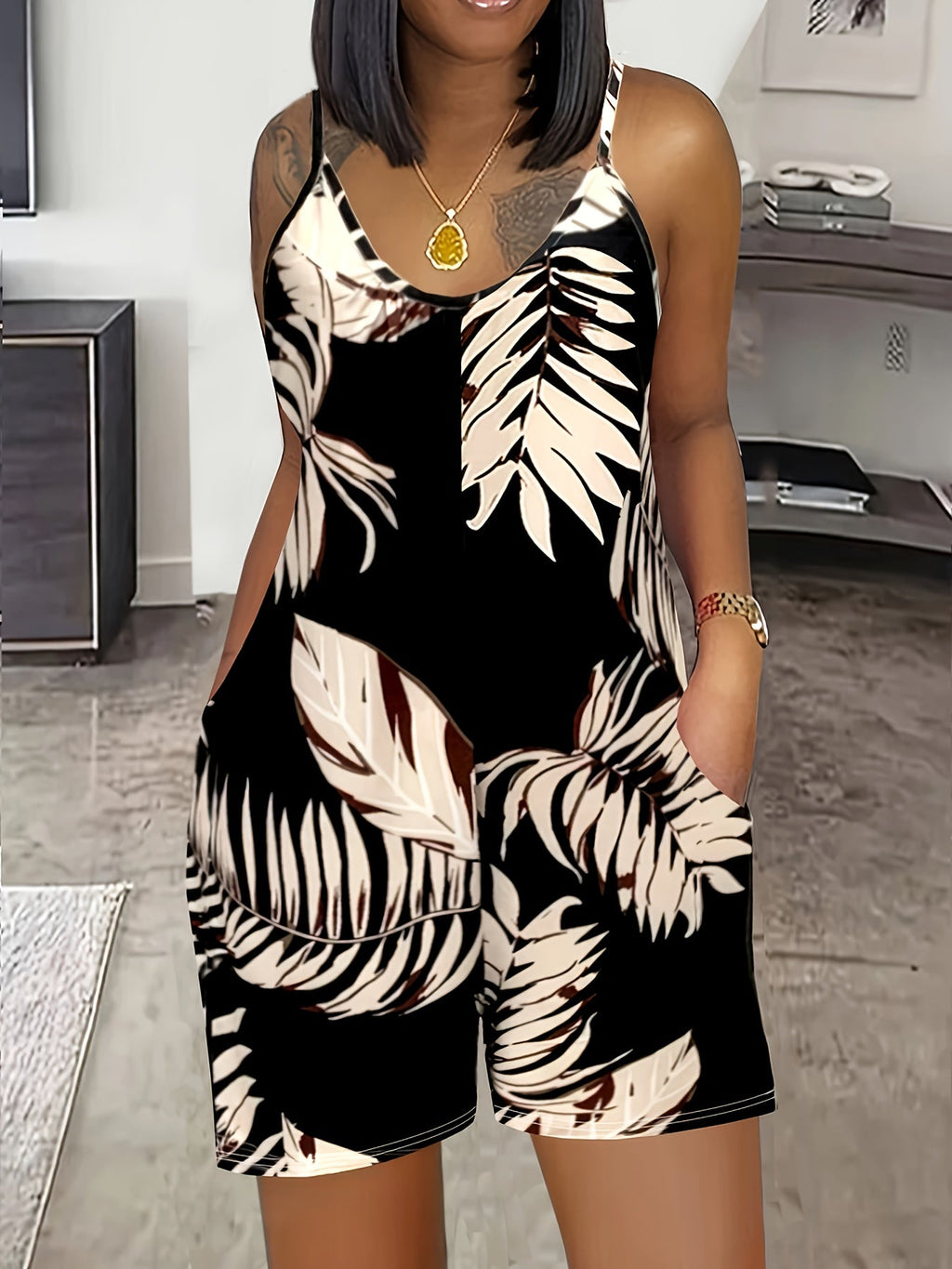 Giromanica senza maniche con stampa tropicale, vestito romper Valstrend, con tasca, ideale per vacanze, abbigliamento donna.