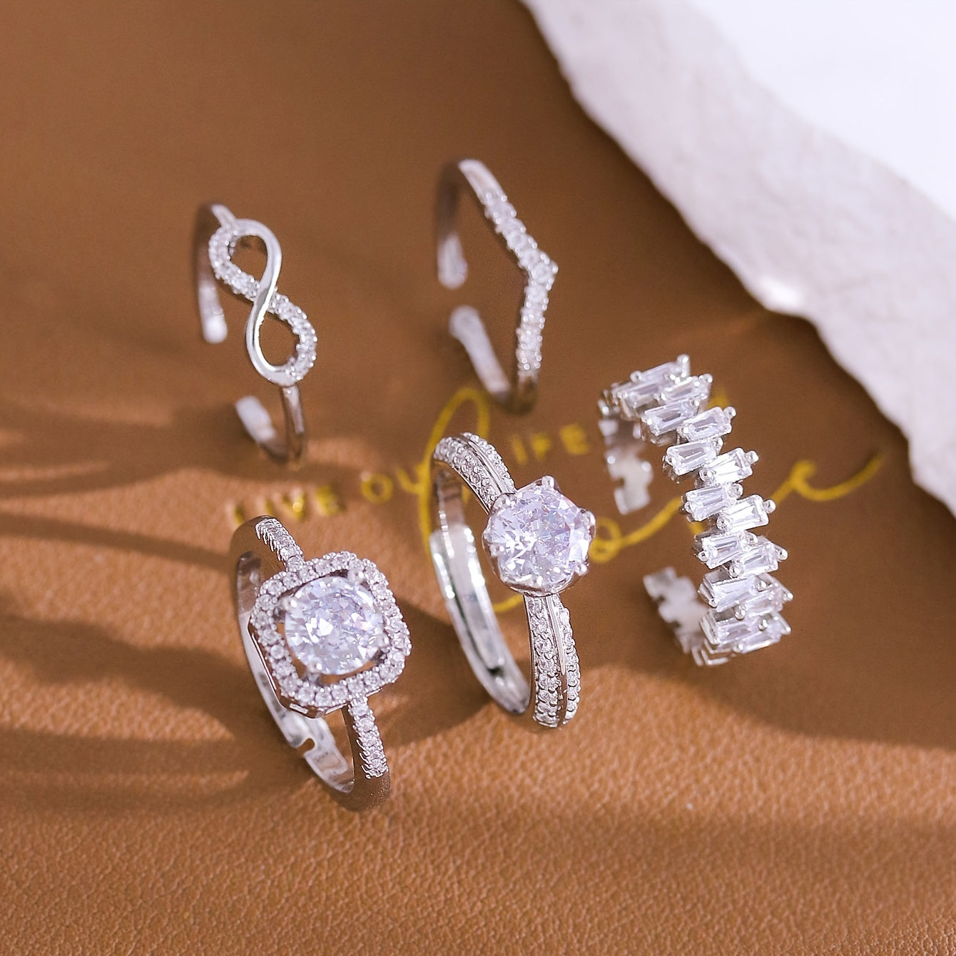 Elegant Vintage Style 5-Piece Ring Set for Women, Copper & zirconia Stacking Rings, No Plating Geometric Luxurious Design for Daily & Wedding Occasions