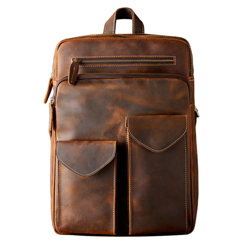 Zaino da uomo Valstrend in pelle Crazy Horse fatta a mano, con tasche e dettagli robusti, stile vintage e artigianale.