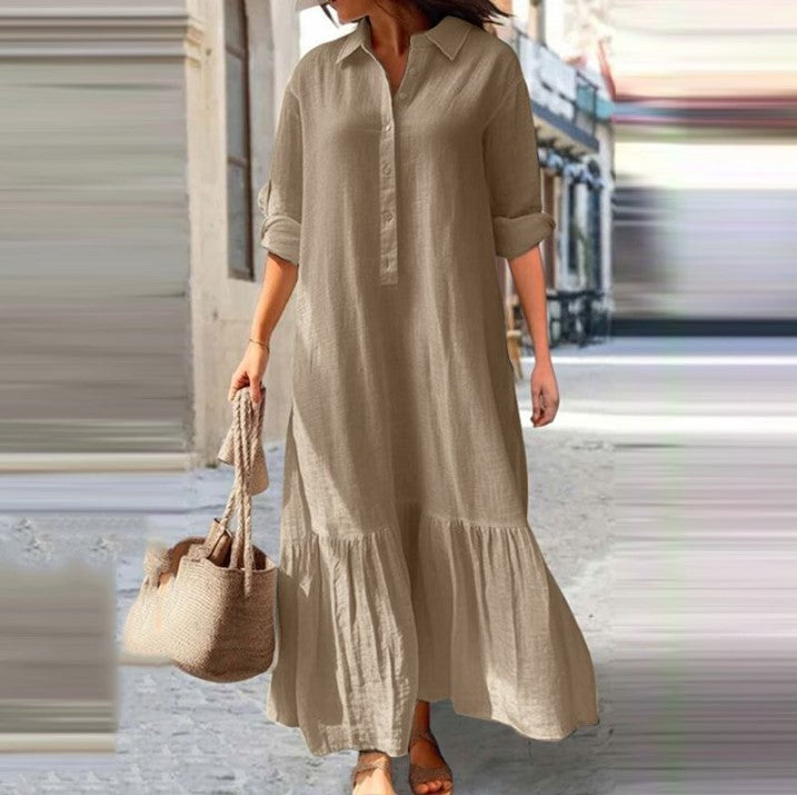 European And American Cotton And Linen Long Irregular Dress Shirt Collar Button