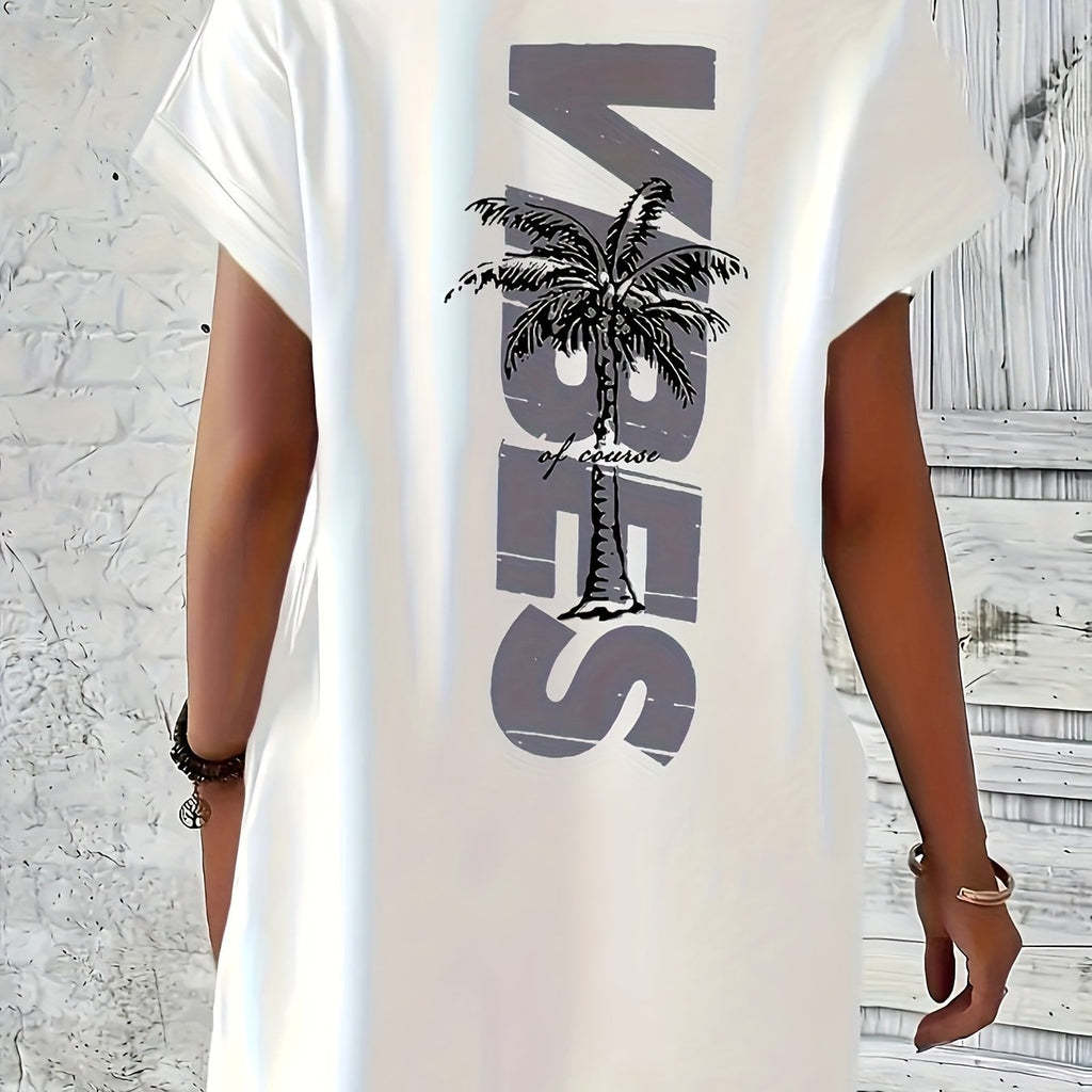 Letter & Coconut Tree Print Crew Neck Tee Dress, Casual Short Sleeve Dress For Spring & Summer, Women's Clothing