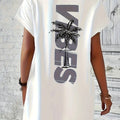 Letter & Coconut Tree Print Crew Neck Tee Dress, Casual Short Sleeve Dress For Spring & Summer, Women's Clothing